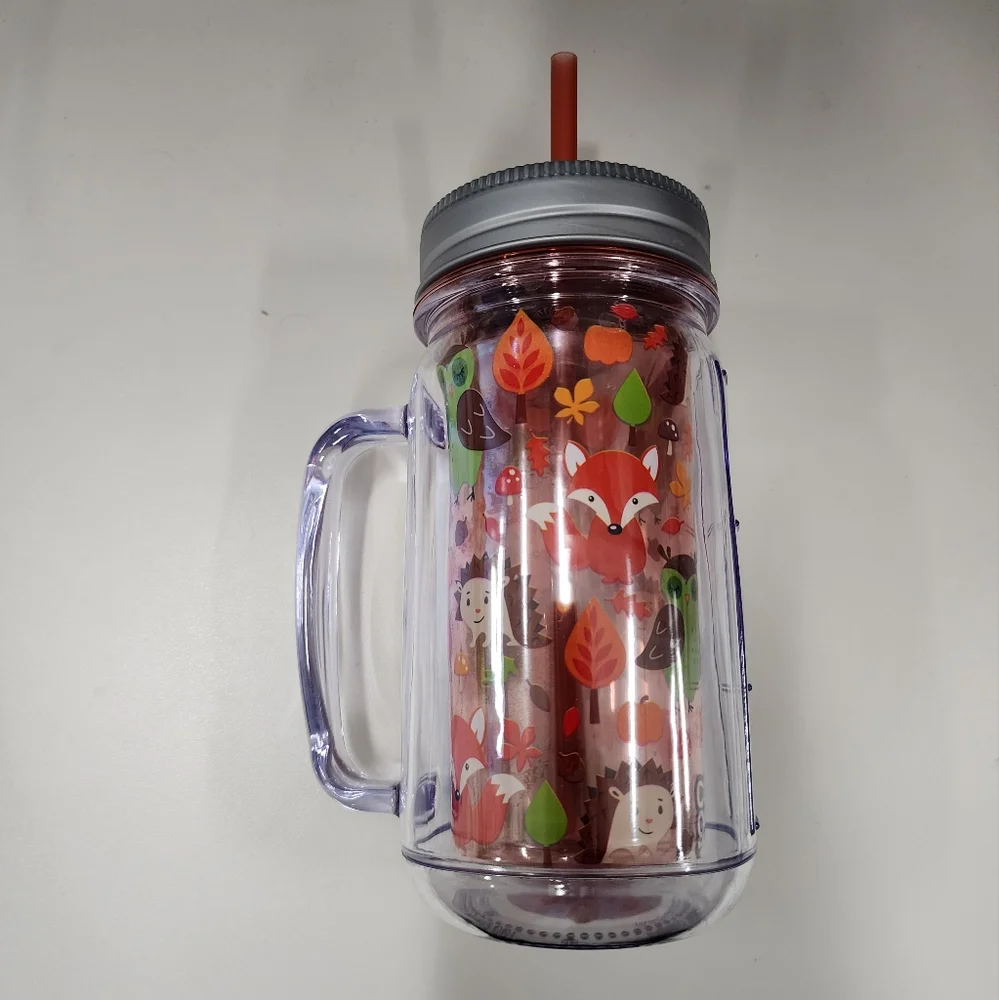 Cool Gear Plastic Mason Jar Fox Forest  Tumbler w/ Straw Insulated 16oz